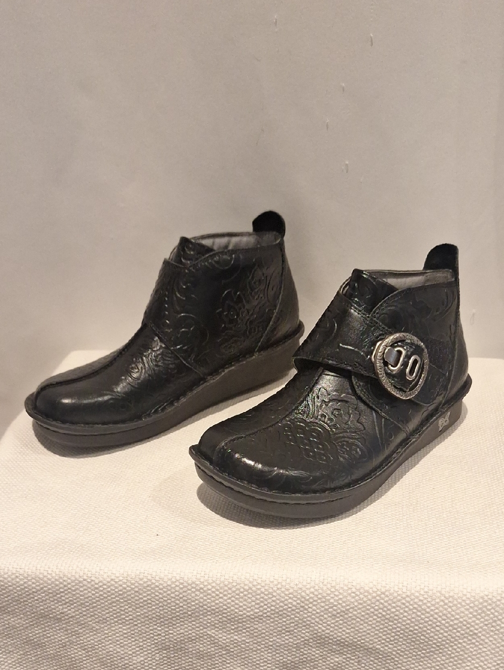 Alegria Caiti Night N Gale Embossed Black Leather Slip-On Comfort Ankle Bootie